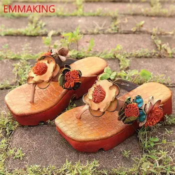 

EMMAKING 2020 Geniune leather flip flops sandals Romeretro Flowers pattern splicing slip-on women casual slippers Freeshipping