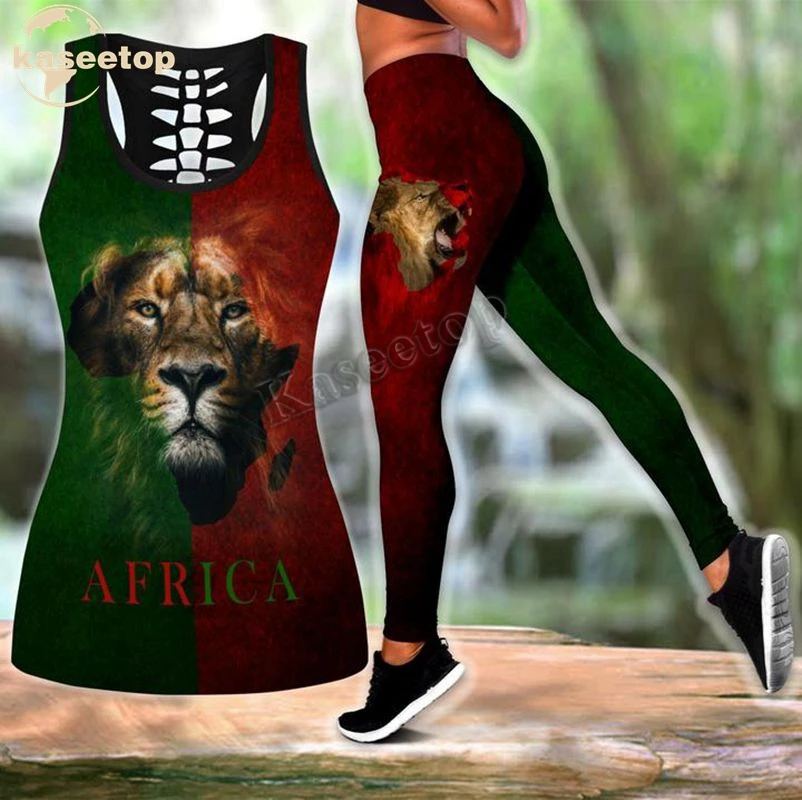 

Kaseetop Newest 3D African Lion Combo Two Piece Yoga Set Women 3D Print Vest Hollow Out Hollow Tank & Legging Outfit Summer LK96