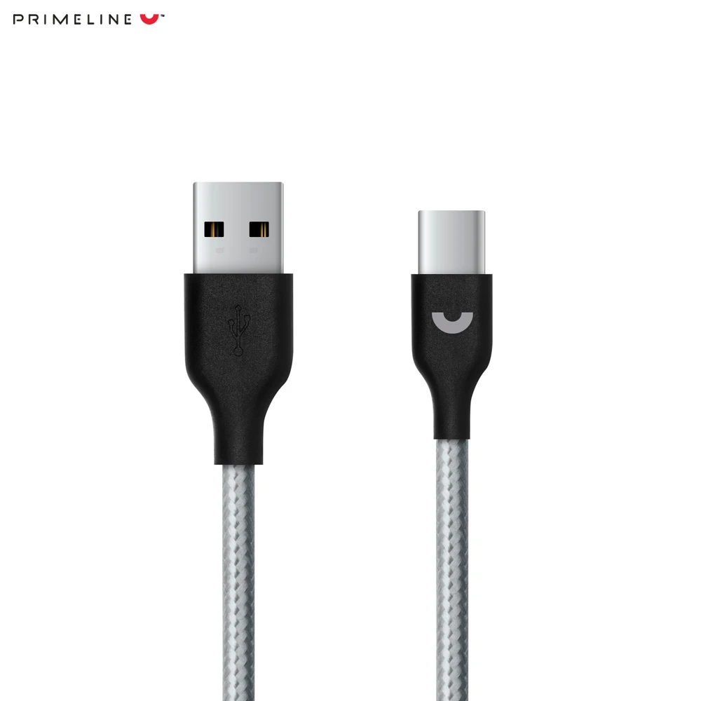 Дата-кабель USB- USB Type-C, нейлон, 1.2м, серый, Prime Line