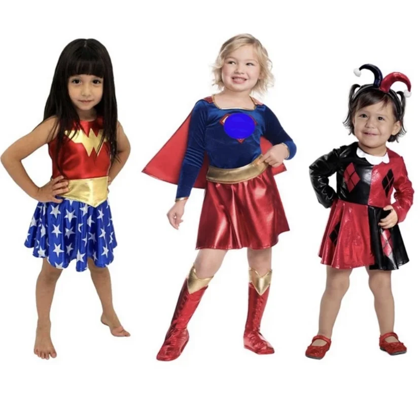 Children Summer Style Sleeveless Spandex 4 Pieces Sets Superhero Wonder Women Halloween Costumes for Kids Girls Cosplay Costume Kids Girls Dress Halloween Dress Outfit