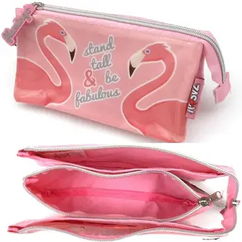 

School Case 3 compartments, Pink Flamingo Zaska, school cases, school cases, triple case