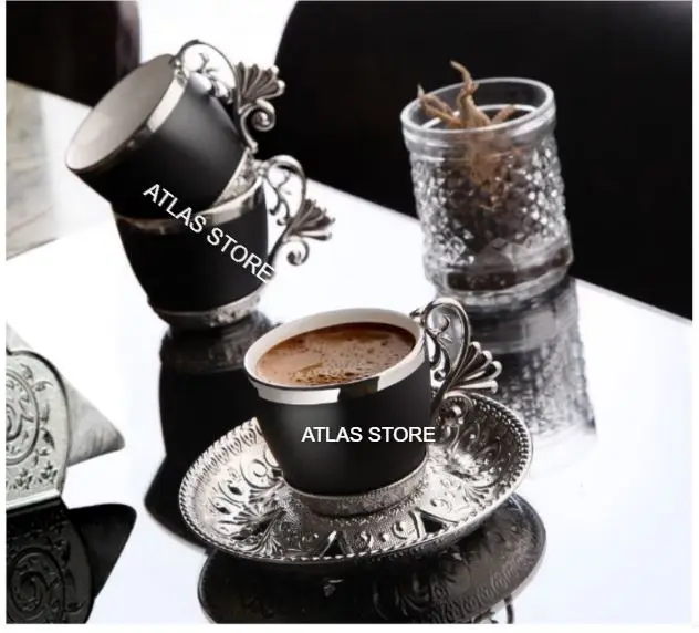 

TURKISH COFFEE SILVER PATTERNED BLACK COLORED 6 personality 18 PIECES COFFEE SET
