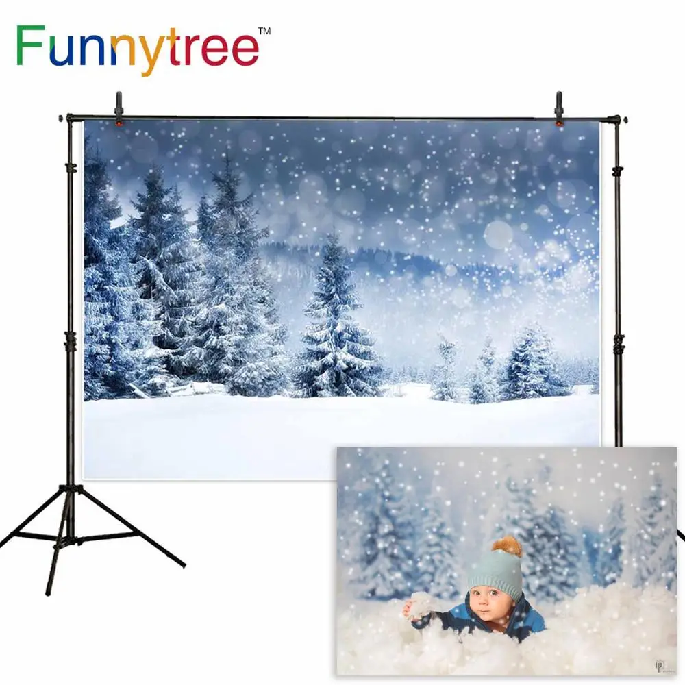 Фон Funnytree для фотостудии зимний Фотофон с изображением снежного леса сосны