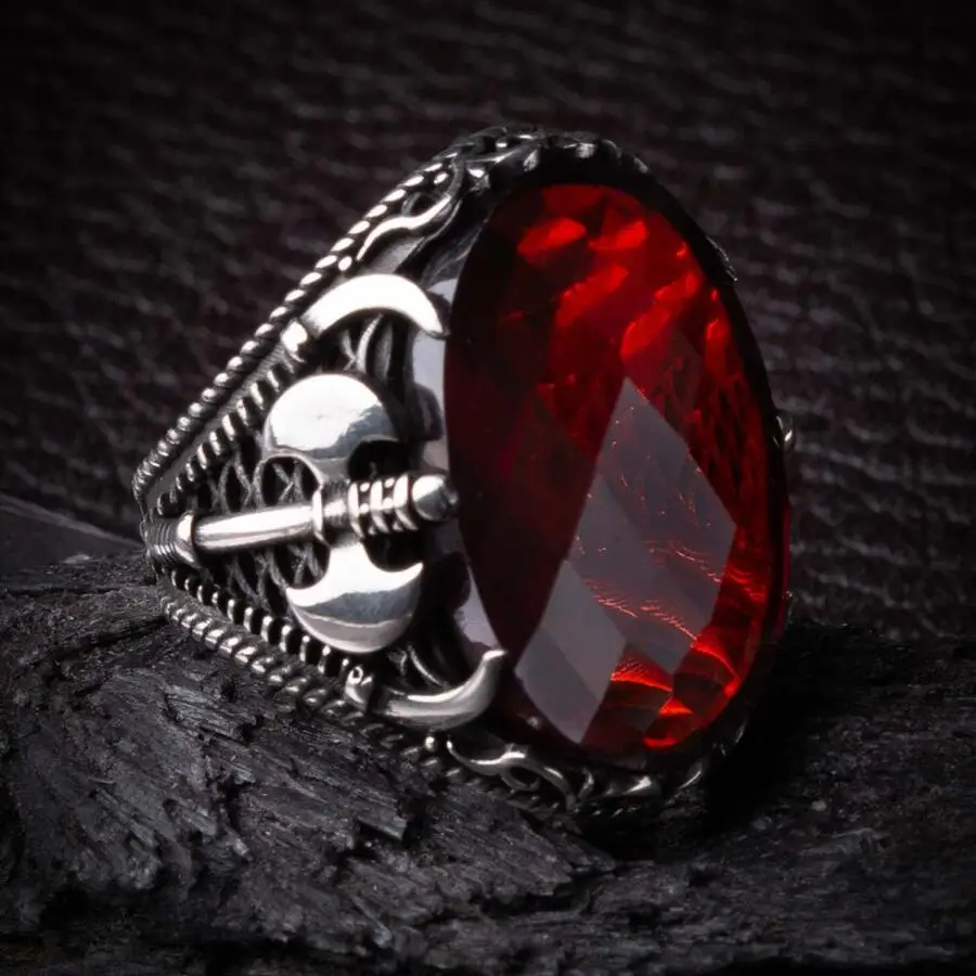 

Axe Figured Facet Cut Red Zircon Stone Silver Men's Ring Fashion Turkish Premium Quality Handmade Jawelery