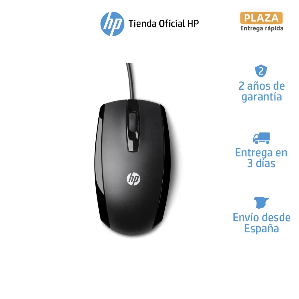 Ratón con cable HP X500 (E5E76AA), conectividad USB, 3 botones, rueda de desplazamiento pulsable, compatible con Windows y Mac.