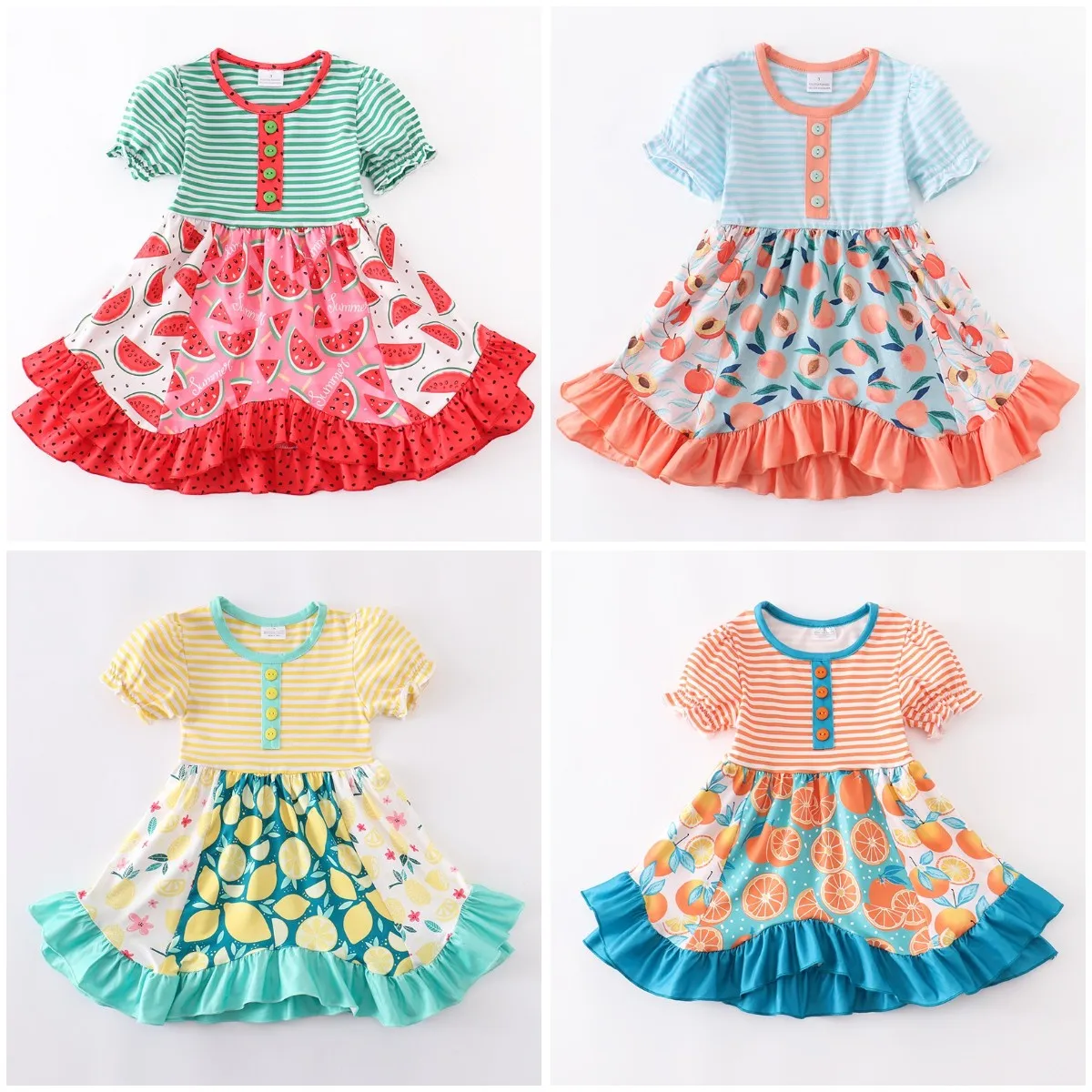 Girlymax Summer Baby Girls Kids Clothing Milk Silk Ruffle Lemon Watermelon Peach Print Stripe Dress Knee Length Short Sleeve