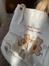 Bolso de hombro de PANA con bordado de ositos de la suerte para mujer, bolsa de lona a rayas, de tela ecológica, bolsas de compras bonitas y suaves