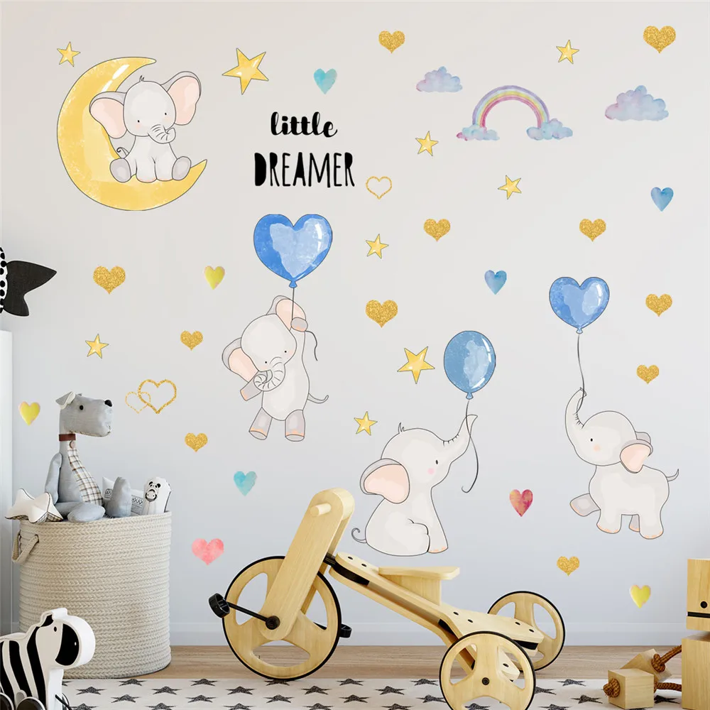 Little Dreamer Wall Sticker Elephant Calf Dark Cloud Rainbow Wallpaper For Kids Room Nursery Peel & Stick Balloon Home Decor Decal