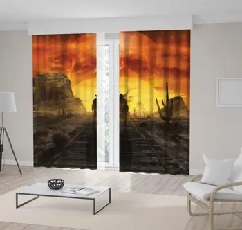 

Curtain Cowboy Skull Ghost Standing On A Western Desert Railroad Sunset Mystic View Yellow Brown