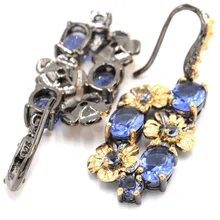 Sublime Antieke Vintage Bloem Nieuwe Steen Ioliet Zwart Goud Zilver Oorbellen 45x17mm(China)
