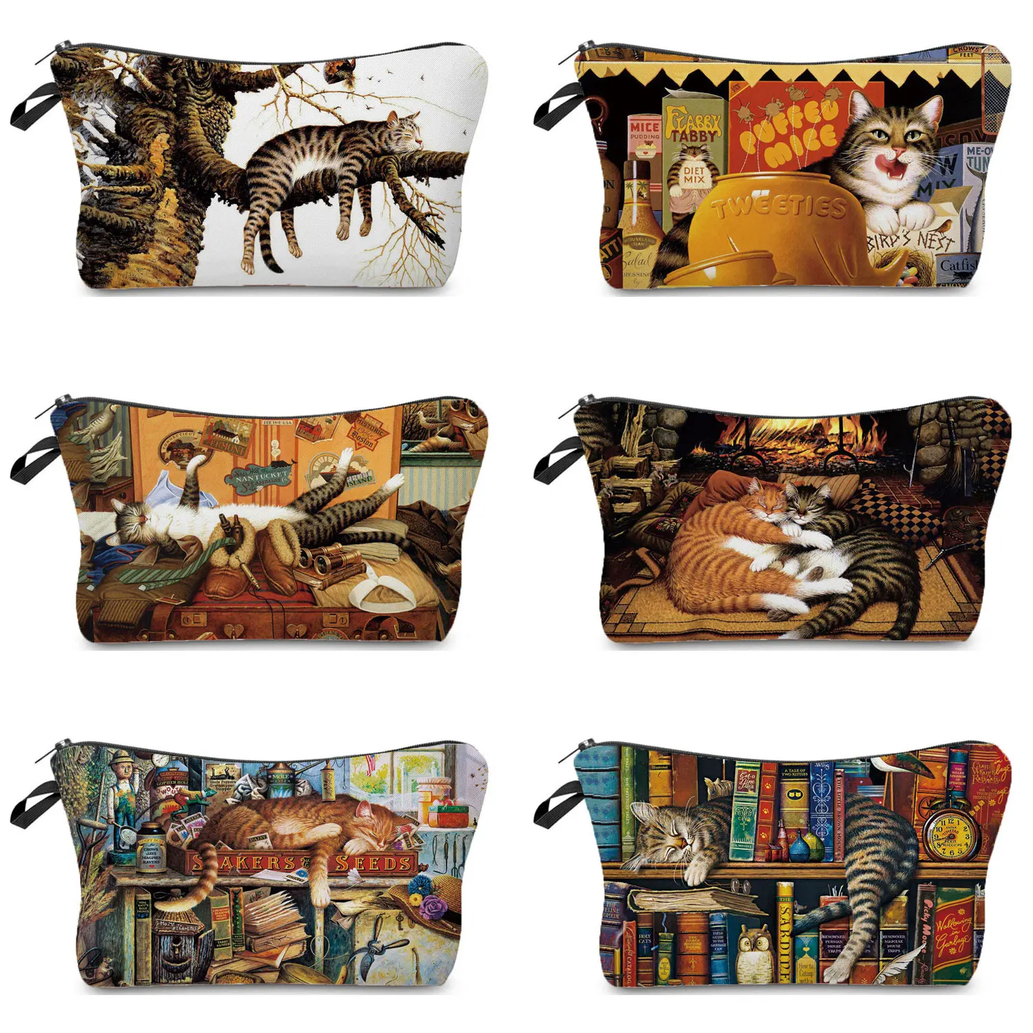 Bag Cosmetic Pencil Cases Oil Painting Cat Printed Makeup Retro Fashion Women's Portable Organizer makeup organizer cosmetic bag cosmetic storage bag makeup bag cosmetic case pencil case