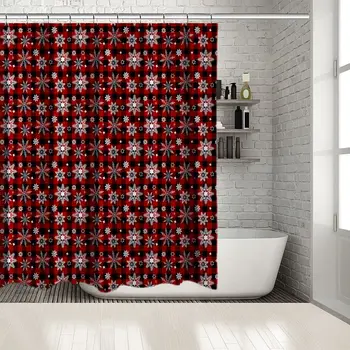 

'S Snowflackes Stars on Checkered Pattern Traditional Christmas Decor Art Printed Red White Black Shower Curtain