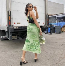 Vestido de punto verde con estampado de Cachemira para mujer, vestido Sexy ajustado sin mangas con tirantes finos, para fiesta en la playa, por debajo de la rodilla, Y2K, 2021