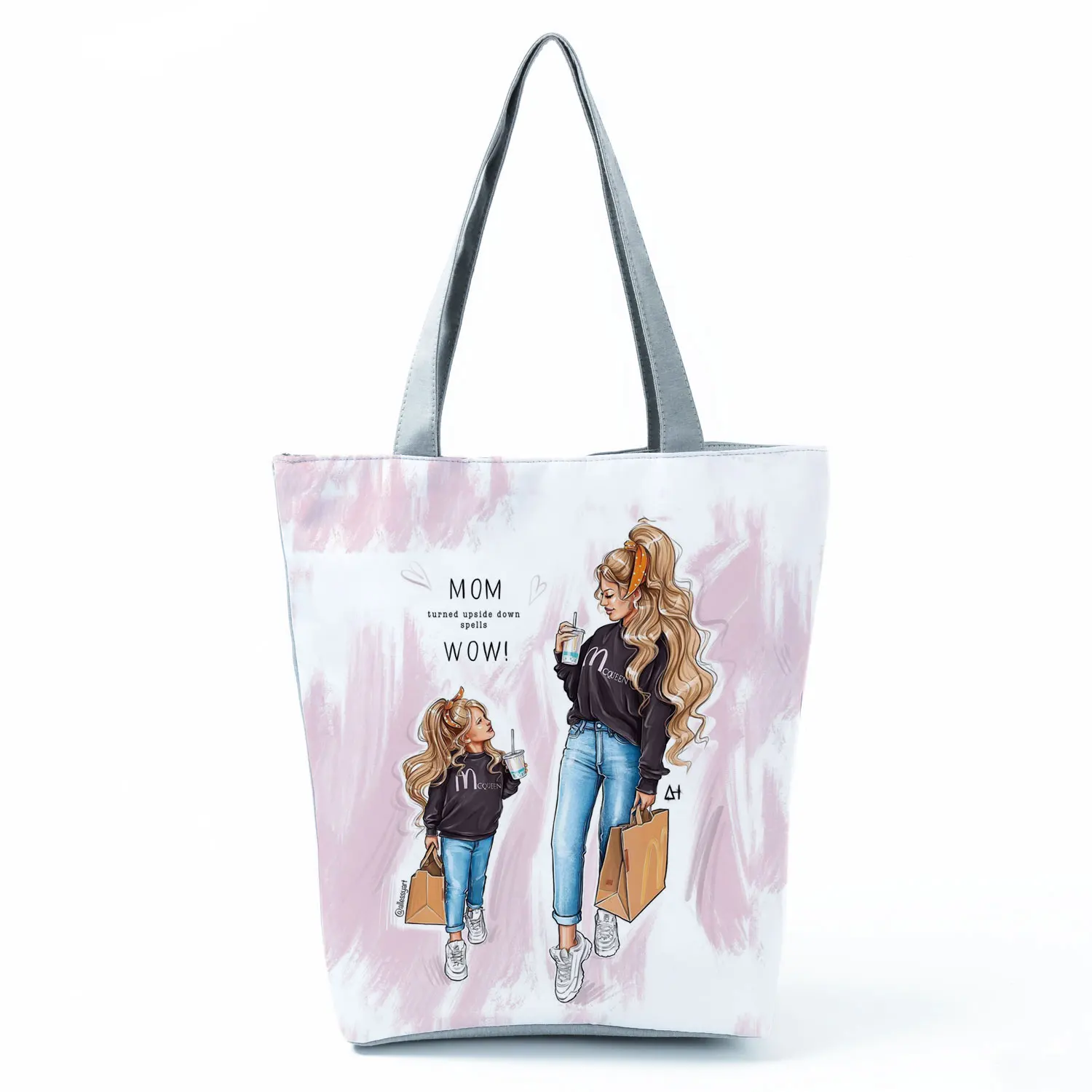 Cute Cartoon Super Mama Print Tote Bag Reusable Shoulder Bags Mom and Baby Folding Women Casual Handbags Portable Shopping Bags 