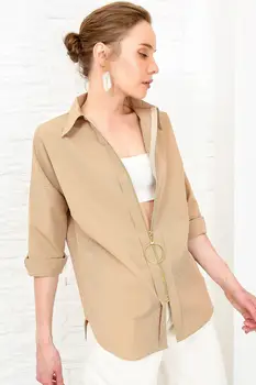 

Trend Alacati Style Women Striped Zipper Woven Shirt DNZ-3173