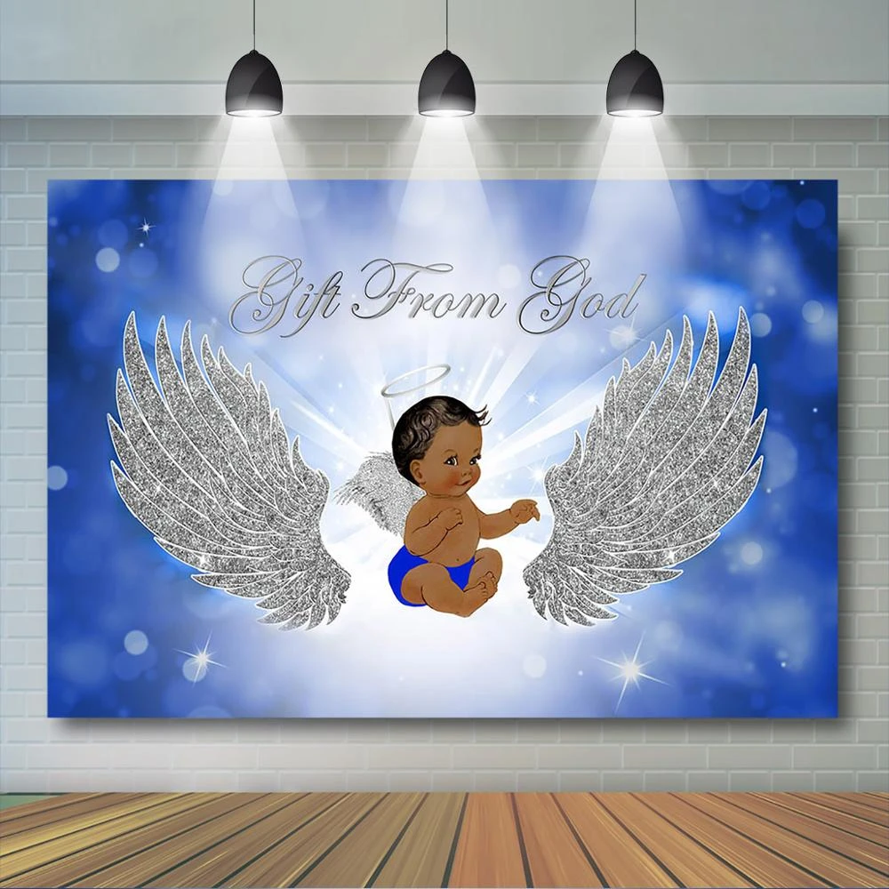Garcon Bebe Douche Toile De Fond Ciel Envoye Bebe Douche Fete Decoration Banniere Ailes D Ange En Argent Fond Bleu Aliexpress