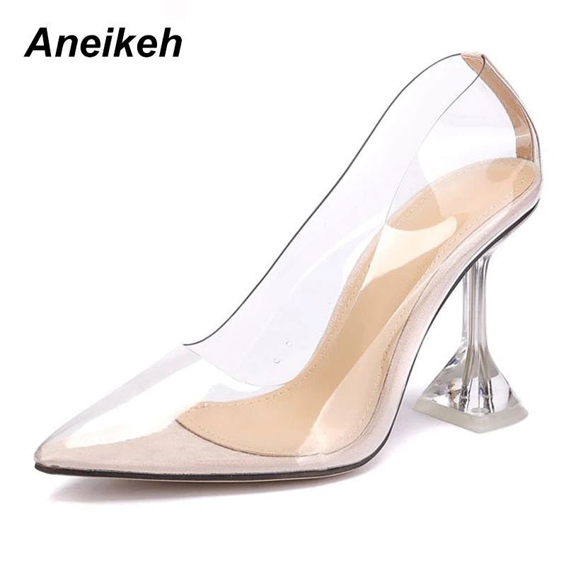 

Aneikeh 2020 Concise Fashion PVC Woman Transparent Sandals Thin High Heels Shoes Pointed Toe Pumps Slip On Solid Apricot 35-42