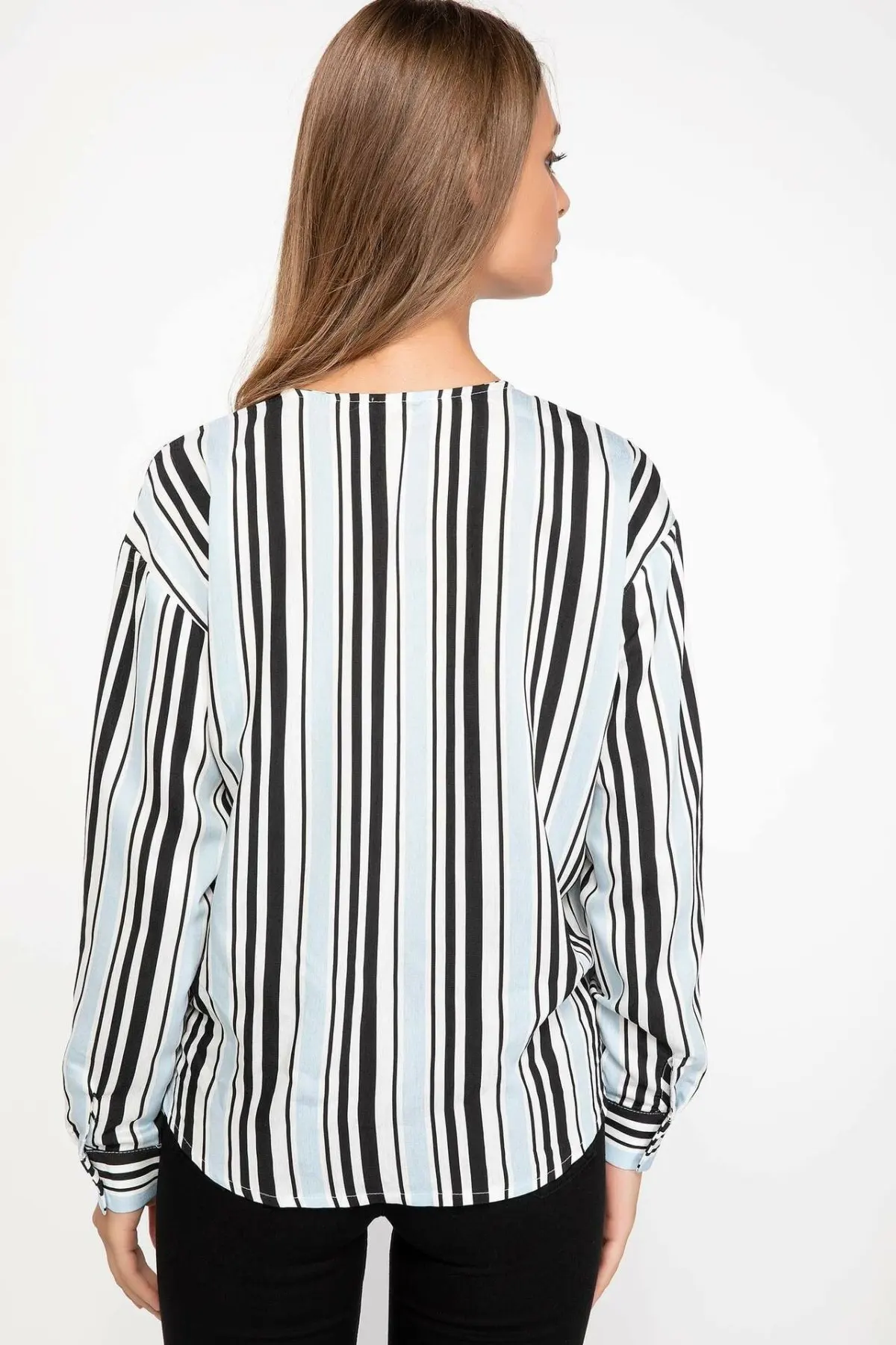  DeFacto Fashion Woman V-neck Long Sleeve Blouse Female Striped Loose Charming Chiffon Shirts Ladies