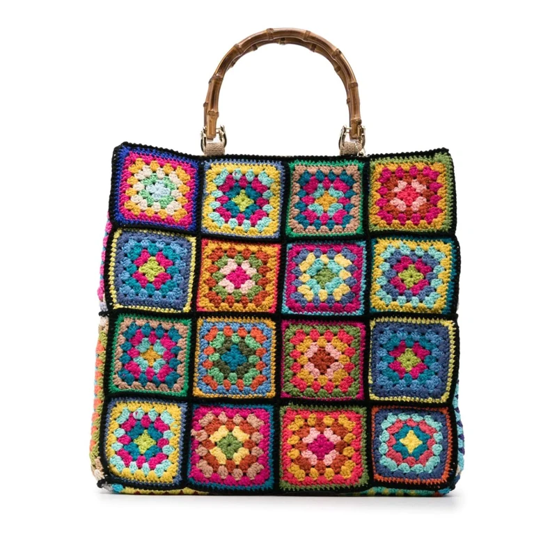 

Handmade Granny Square Box Classical Handbag With Bamboo Handle Boho Colorful Crochet Knit Women Bag Large Capacity Brand Luxury