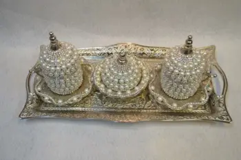 

Handmade authentic Design Turkish Greek Arabic Coffee Espresso Set for 2 Service, Cups Saucers Lids Tray Delight Candy Dish GIFT