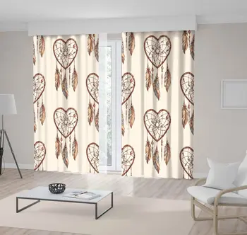 

Curtain Dreamcatcher Feathers Beads Heart Shapes Love Romantic Tribal Boho Style Art Brown Beige Print