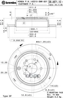 

Disc brake rear. Honda CR-V III (re _) 06/06- / Honda CR-V IV (rm _) 01/12- Brembo art. 08.a871.10