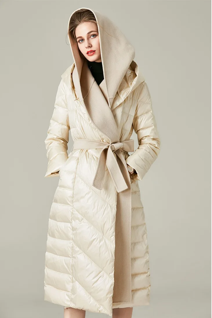 Obrix женский утиный пух наполнитель теплая куртка с капюшоном до колена кашемир длинный рукав пальто пояс зимняя парка для женщин