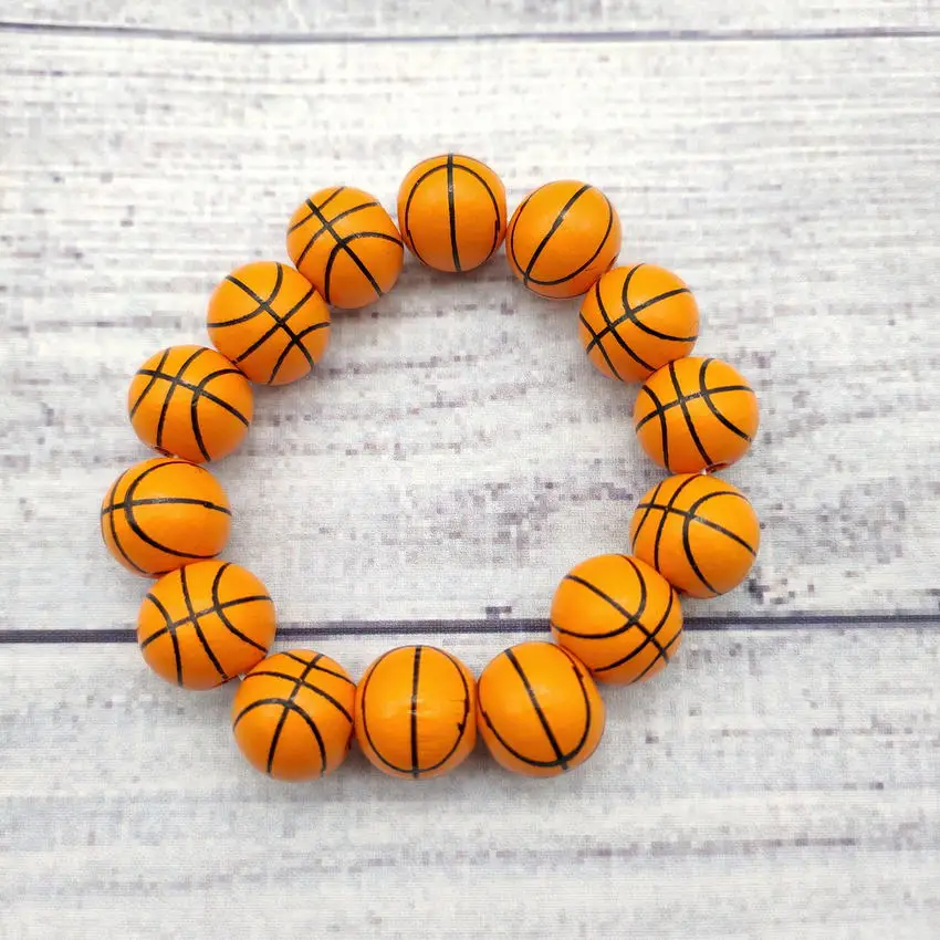 Trendy Sports Bracelets for Women Simple Design Baseball Volleyball Soccer Print Handmade Wood Beads Stretch Bracelet