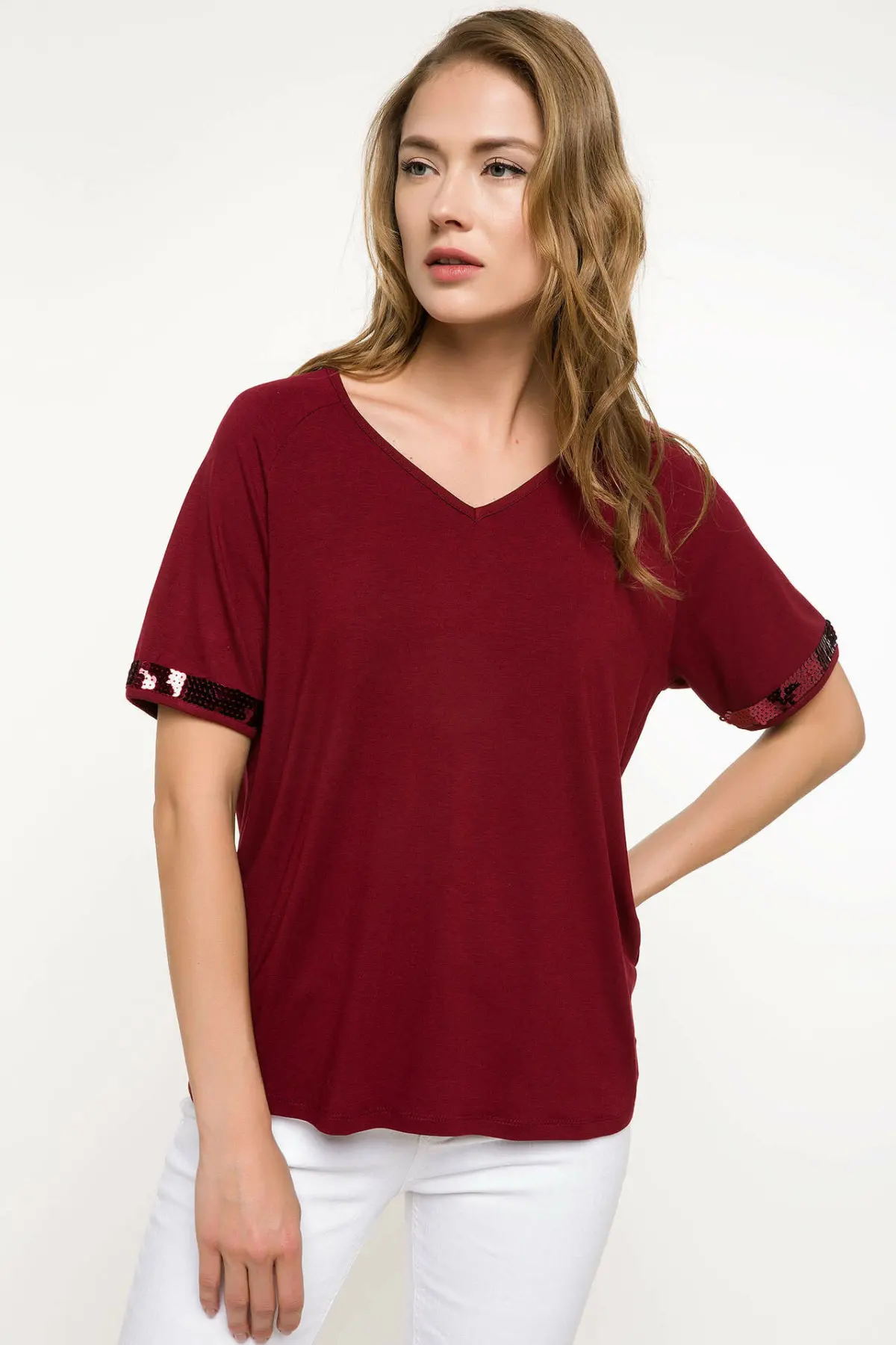 

DeFacto Summer Woman Fashion Short Sleeve Lady Casual Pure Color T-Shirt Female High Quality Simple Loose Tops - I4774AZ18SM