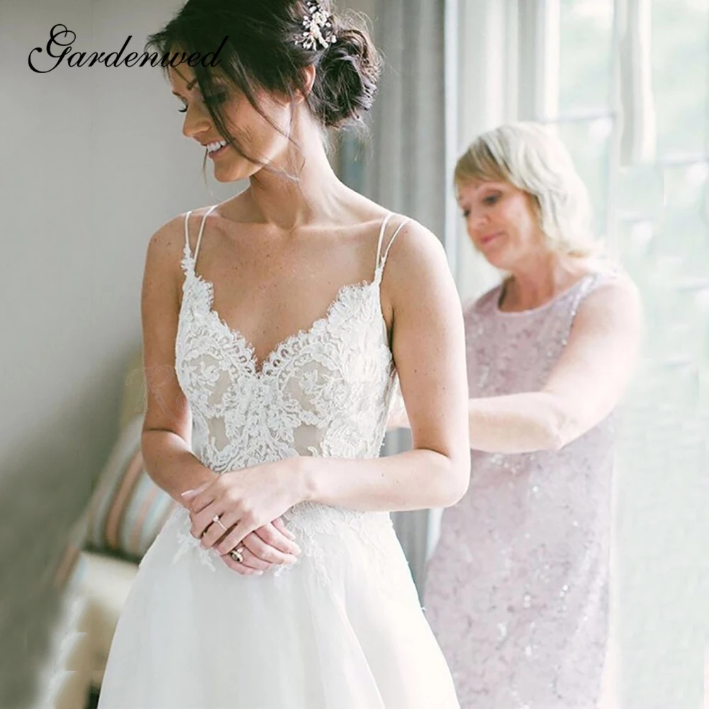 

Gardenwed 2020 Ivory Beach Wedding Dresses Spaghetti Straps V Neck Lace Bodice A Line Bride Dresses