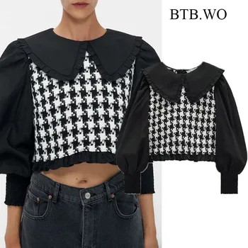 

BTB.WO Women Shirt Za 2020 Casual Ruffled Short Blouses Long Sleeve Vintage V Neck Female Shirts Chic Tops