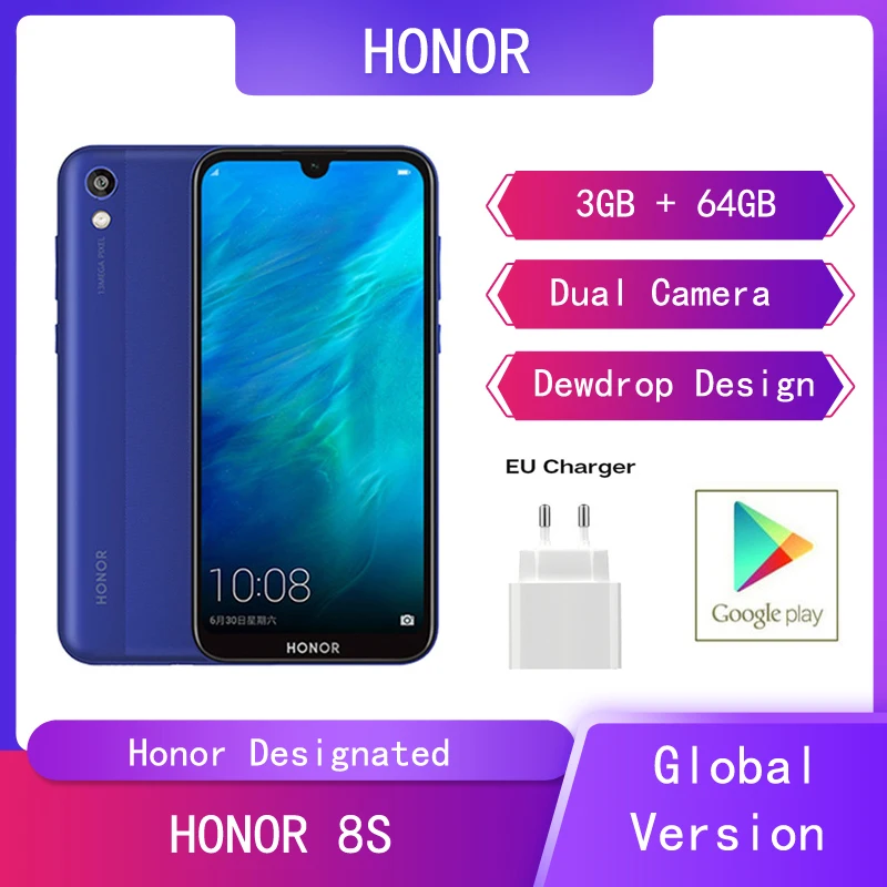 

Original Global Version Huawei Honor 8S 3G+64G Mobile Phone Quad Core 5.71'' Dewdrop Screen 13MP Rear Camera Smartphone Dual Sim