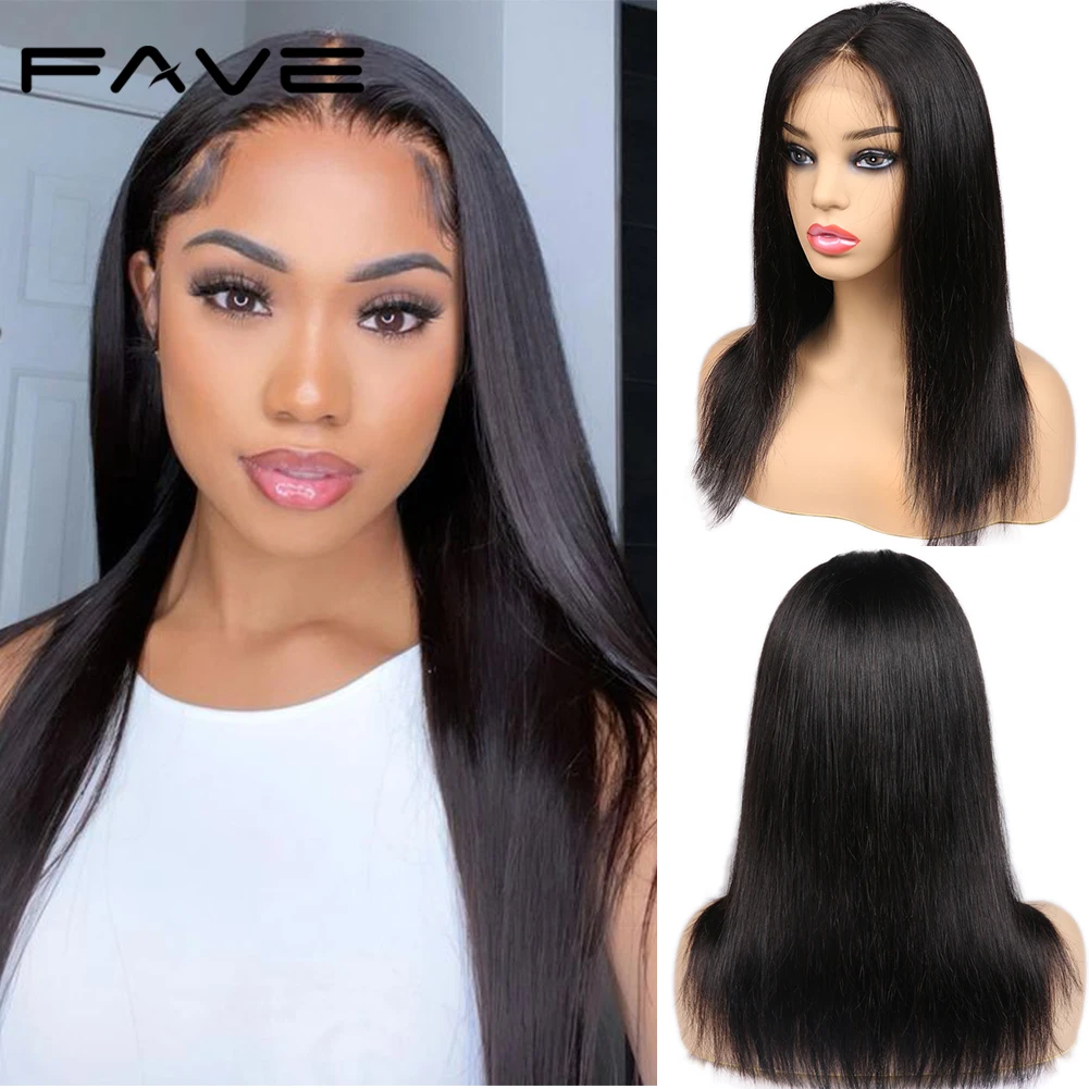 FAVE 4X4 Lace Front Straight Human Hair Wigs 150% Middle Part Natural Black Glueless Brazilian Lace Closure Wigs for Black Woman