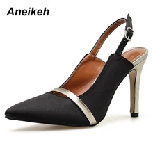 Aneikeh/ модная женская обувь пикантные острый носок Обувь на высоких каблуках; женские вечерние тонкие женские каблуки Туфли-лодочки с пряжкой и ремешком, черный