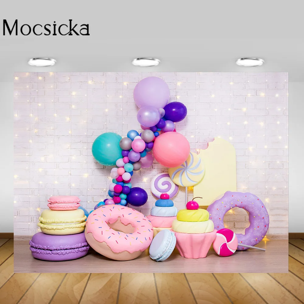 

Mocsicka Donuts Candy 1st Birthday Party Backdrop White Brick Wall Baby Birthday Cake Smash Background Photocall Balloons Props