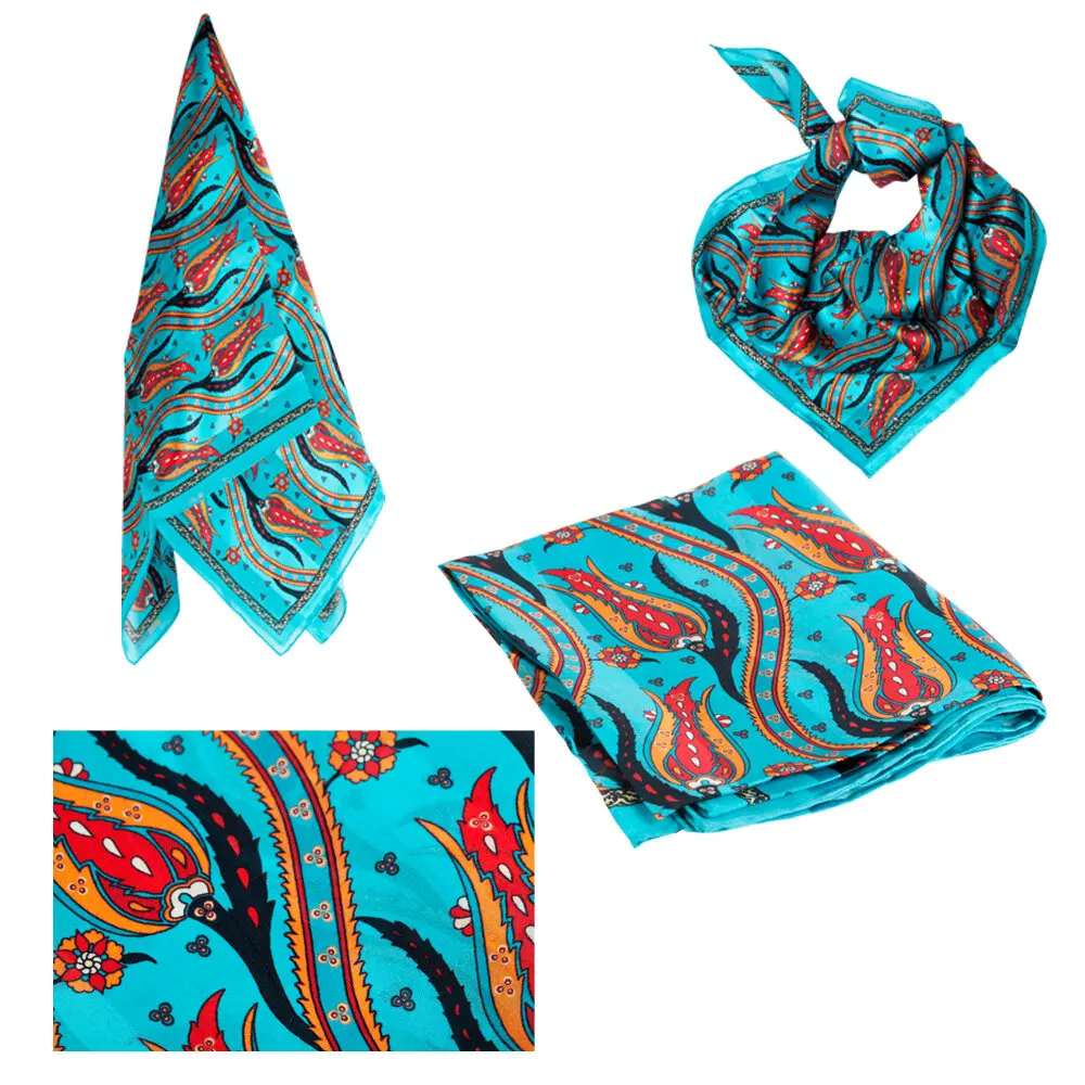 

Biggdesign Tulip Patterned Silk Scarfs, Ethnic Pattern, 90x90 cm, Blue Color