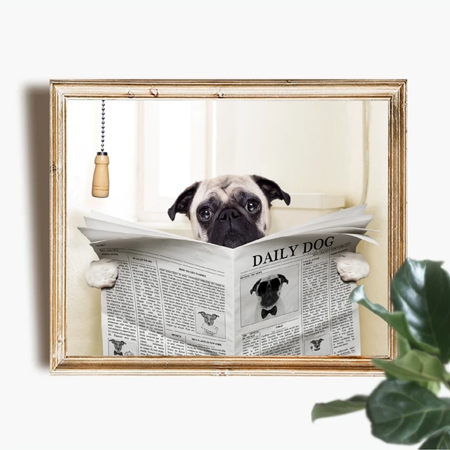 Dog Reading Newspaper Wall Art Funny Dog Print Lover Gifts Quirky Dog Wall  Hanging Picture Canvas Painting Toilet Home Decor - AliExpress