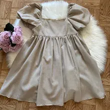 Ladies Dress Puff-Sleeve Square Collar Linen Khaki Vintage High-Waist Casual Summer Women