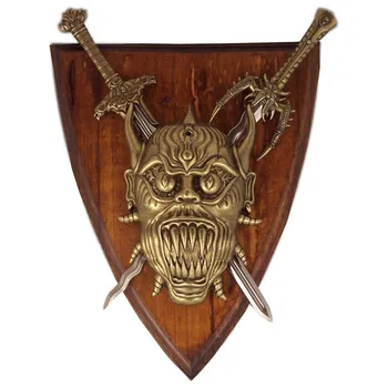 

DENIX replica Coat of arms for Wall, Panoply with demon and 2 swords, 22cm, metal and wood, for decoration