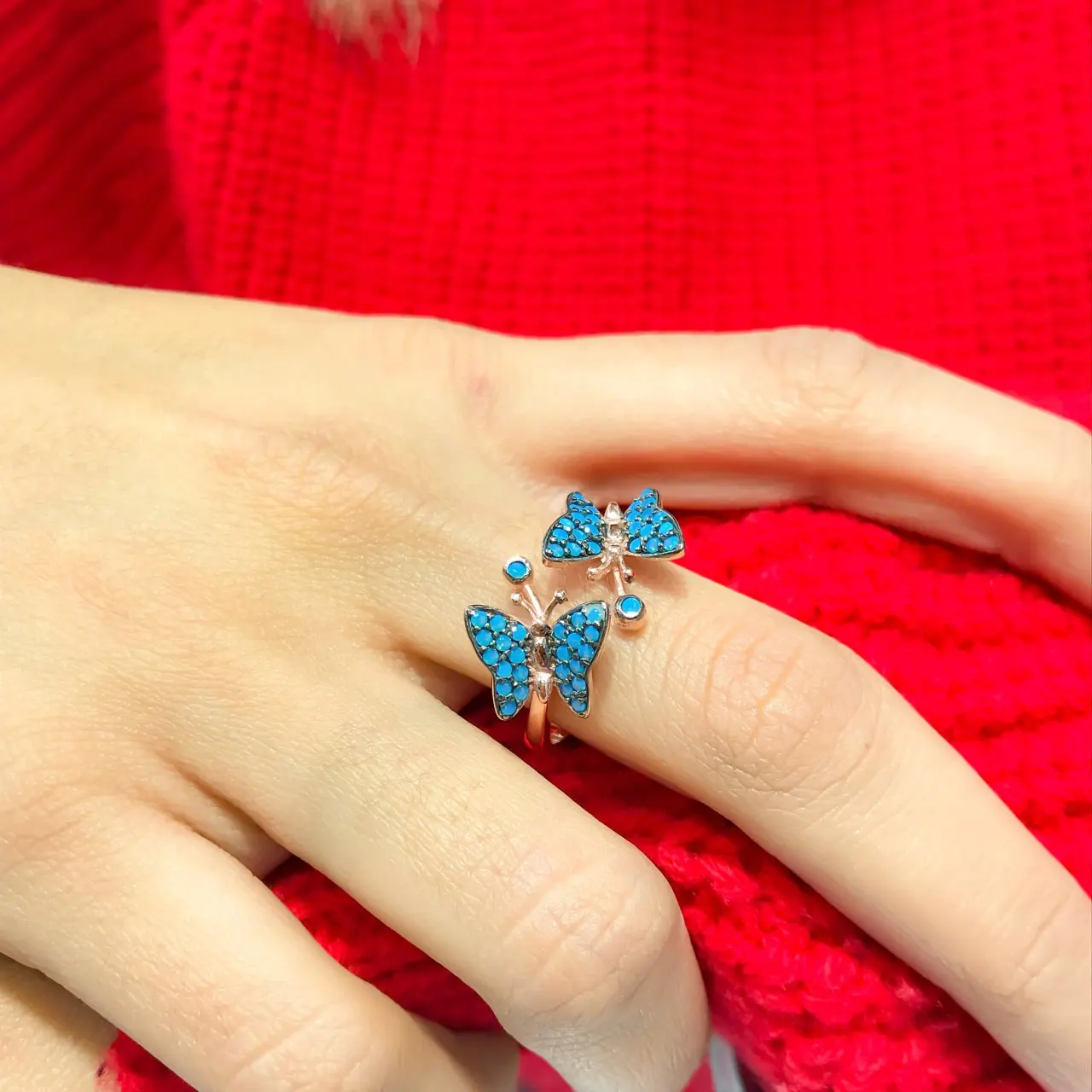Blue Tiny Turquoise Stone Double Butterfly Silver Trend Ring