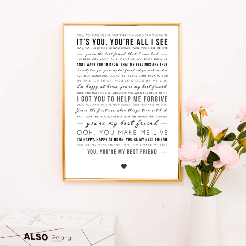 Freddie Mercury Song Lyric Print You're My Best Friend Queen Quote Poster Wedding Gift idea Wall Art Canvas Painting Decor