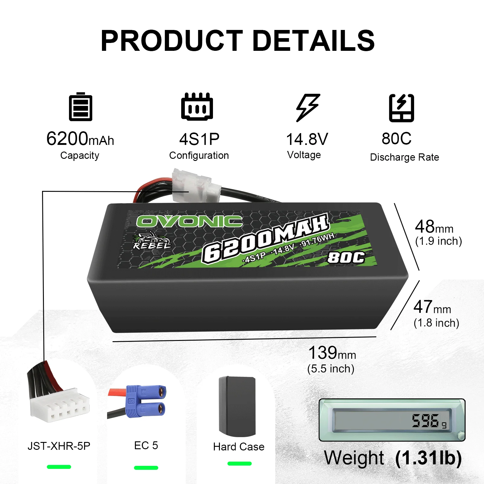 OVONIC 4S 6200mAh 80C Lipo Battery With EC5 Connector - 14.8V For Arrma RC Cars (2-Pack)
