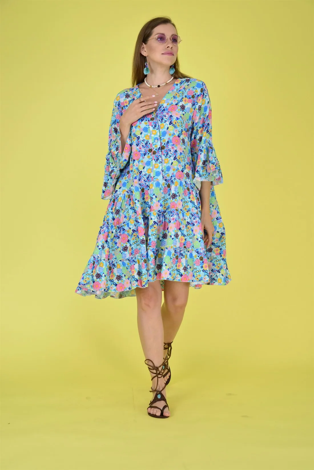 

Floral Patterned Flywheel V-Neck Turquoise Color Viscose Fabric Short Dress 2022 New Fashion Women's Clothing Brazil Australia