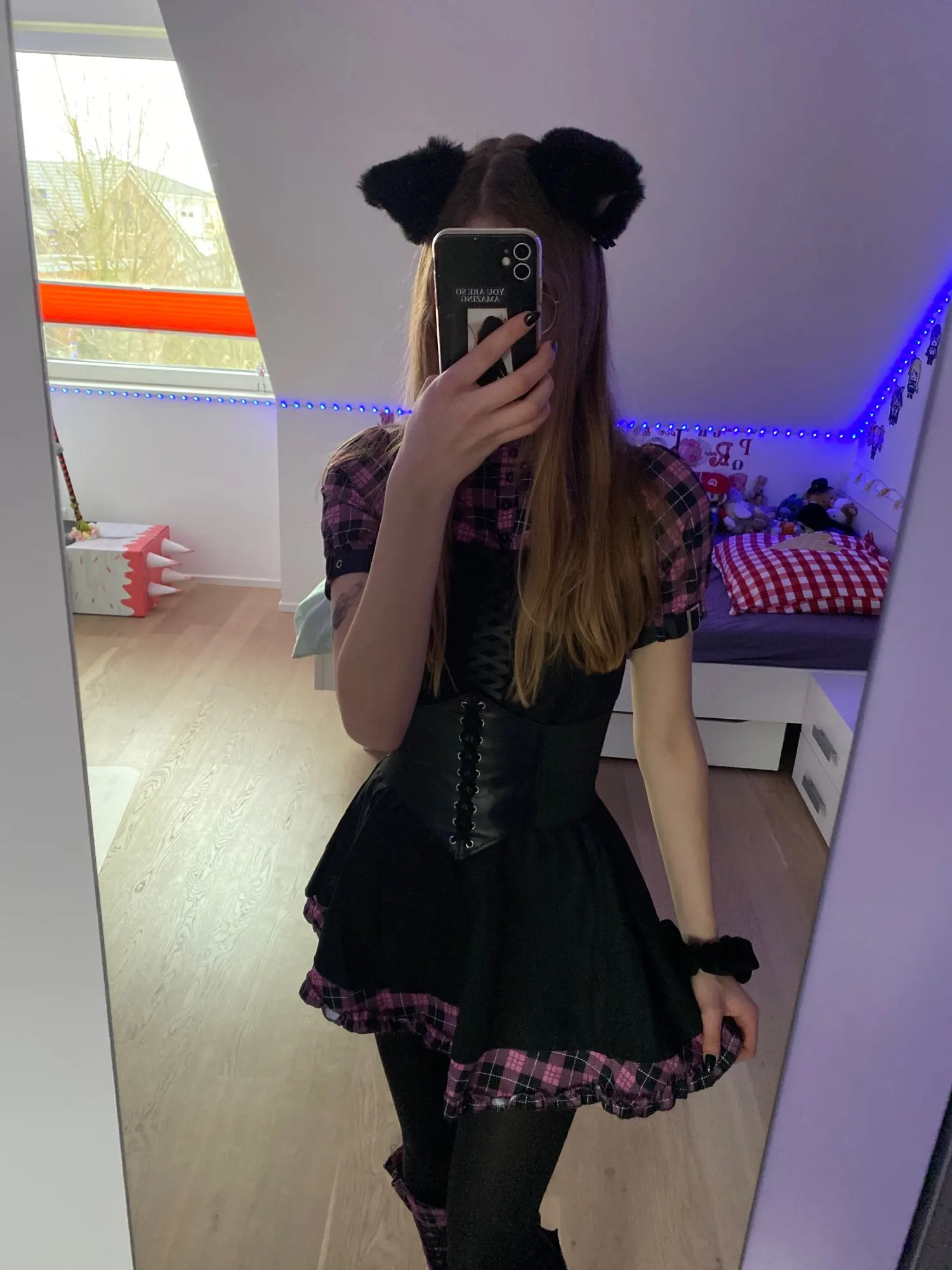 Lolita Rosa kariertes Kurzarm-Träger-Midikleid