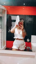 Shorts Lounge-Wear Crop-Top Two-Piece-Set Ruffled White Womens Straight V-Neck Elastic-Waist