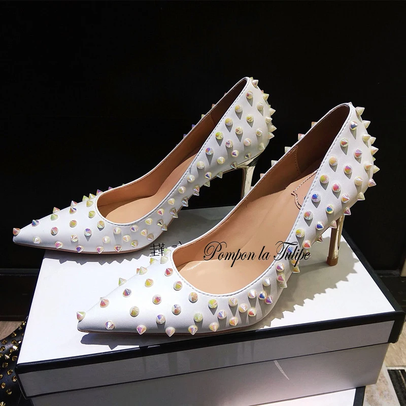 

MNK 930012 Stylish Rivet Pointed Toe Elegant Elegant Sheepskin Pumps 6/9CM Chic Stilettos Fancy Fashion Party Wedding Women Shoe