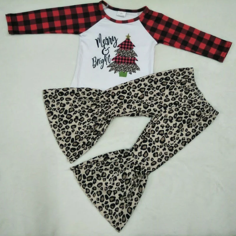 Одежда для маленьких девочек; цвет черный, белый; с леопардовым принтом; с тремя елками; Рождественская рубашка с длинными рукавами; реглан; брюки-клеш; комплекты одежды