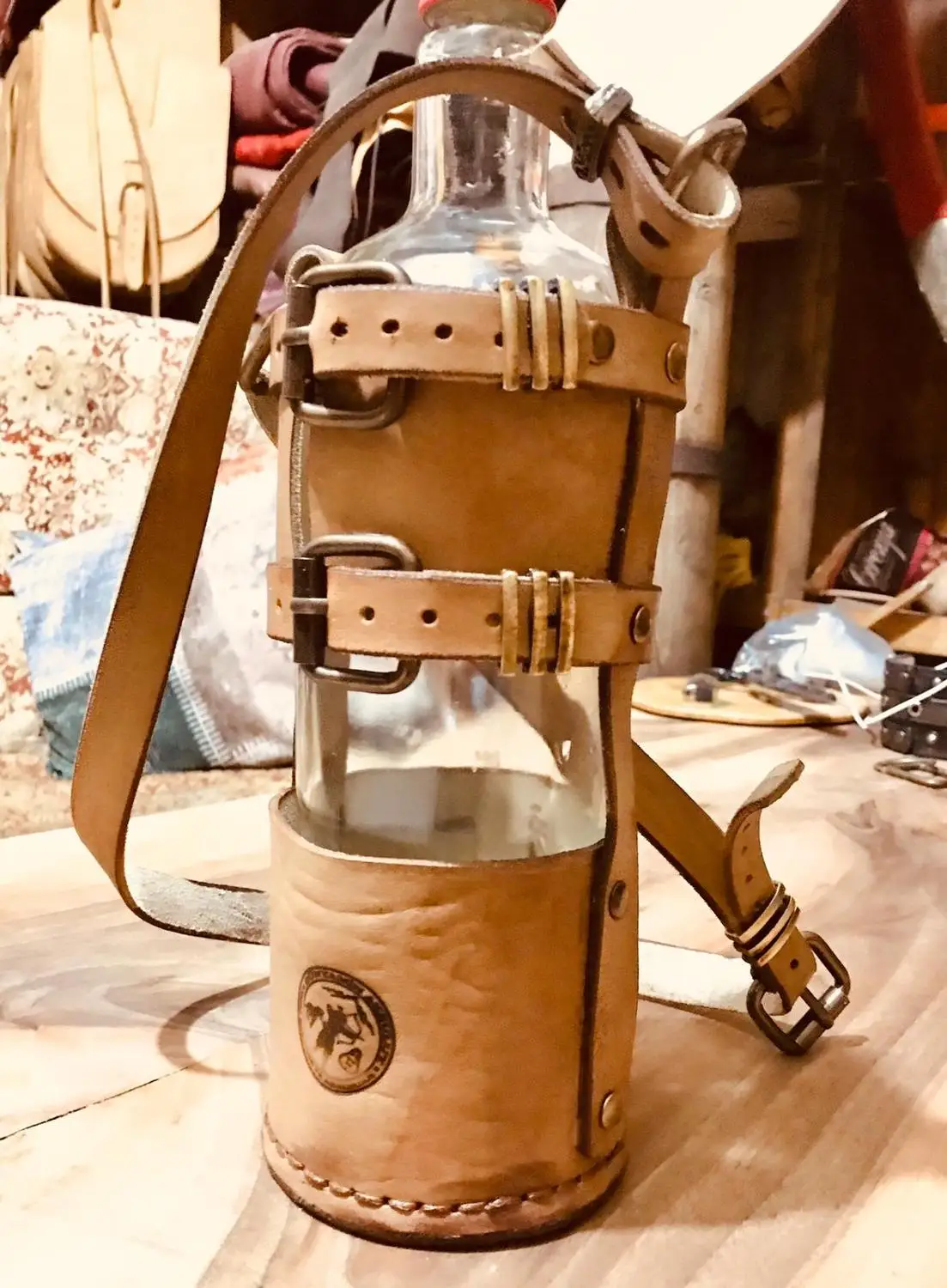 

Leather Medieval Bottle Holder with Glass Bottle