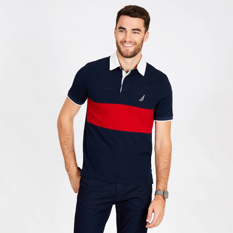 Nautica-поло из хлопка с коротким рукавом; цвет темно-синий; с полоской Красного color-K83501_4NV