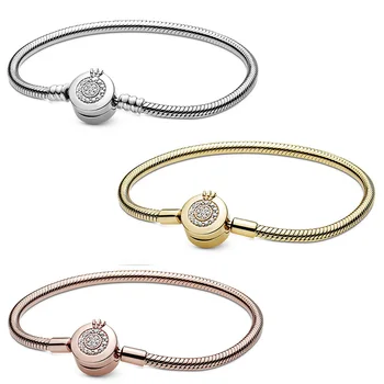 

2020 Fall High Quality S925 Signature Rose Moment Glittering Crown O Snake Chain Bracelet DIY Charm Classic Fashion Simple Gift